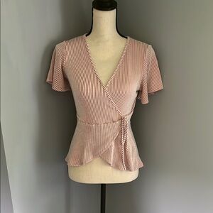 Elegant Pink Wrap Peplum Blouse with Cap Sleeves